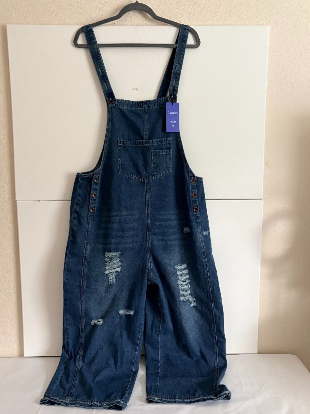 Chou Yatou Women Bib Overalls Baggy Wide Leg distressed Denim XL
